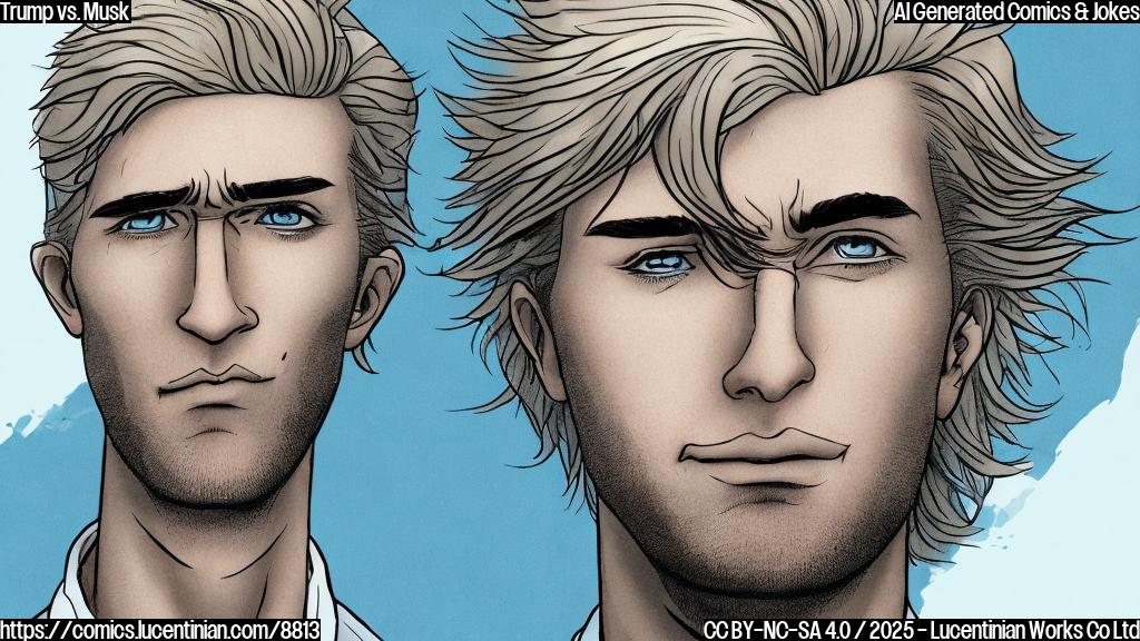 A cartoon style image of a blonde man with a serious face pointing an accusatory finger at a man with messy hair, both standing on a plain light blue background.