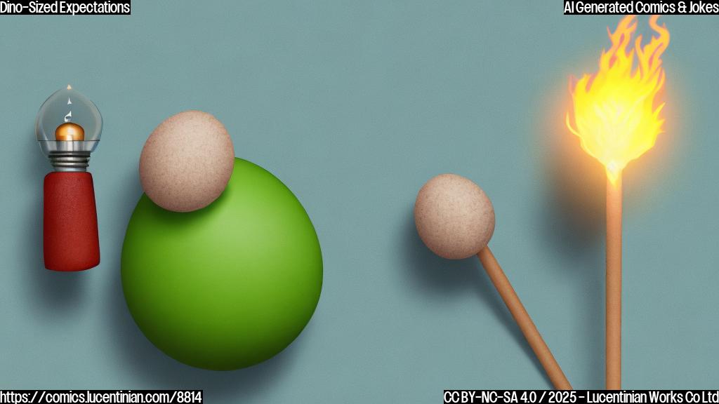 A flat, cartoon-style image of a stick of dynamite with a lit fuse lying next to a green dinosaur egg. Both are on a plain light blue background.