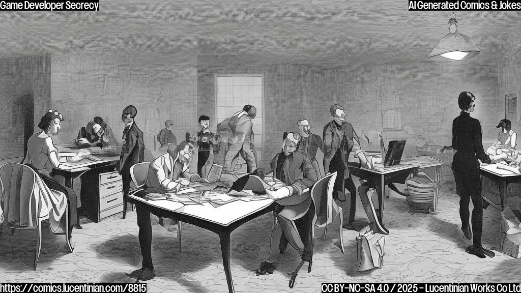 Plain color cartoon style image of a group of figures in silhouette, working diligently at desks in a brightly lit office. Above them floats a large question mark.