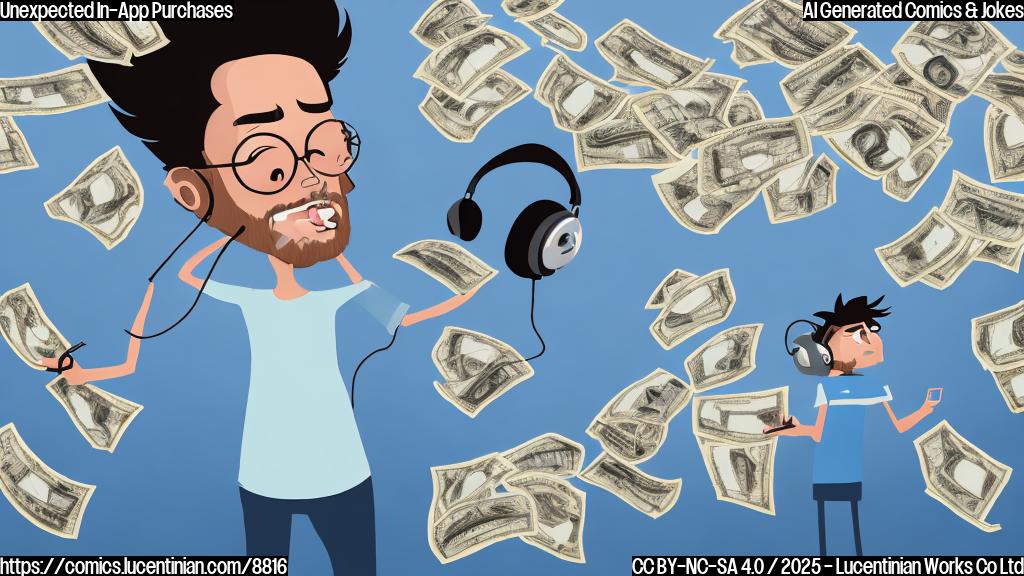 A surprised cartoon character with messy hair and a headset looking at a screen full of digital hats and sunglasses floating around him. The character is surrounded by money flying away. The background is a simple, plain light blue.