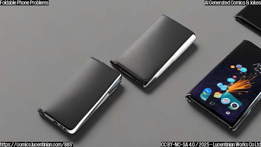 A cartoon style plain color background picture showing a sad foldable phone with its screen slightly cracked, looking away from a generic smartphone. The foldable phone is a light metallic color, and the smartphone is black.