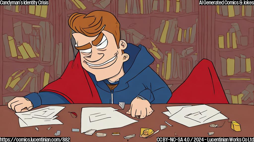 Draw a cartoon-style picture of a man with a menacing grin, wearing a red cloak with a hook hand, sitting on a therapist's couch looking uncertain, surrounded by books and papers with sharp objects in the background.