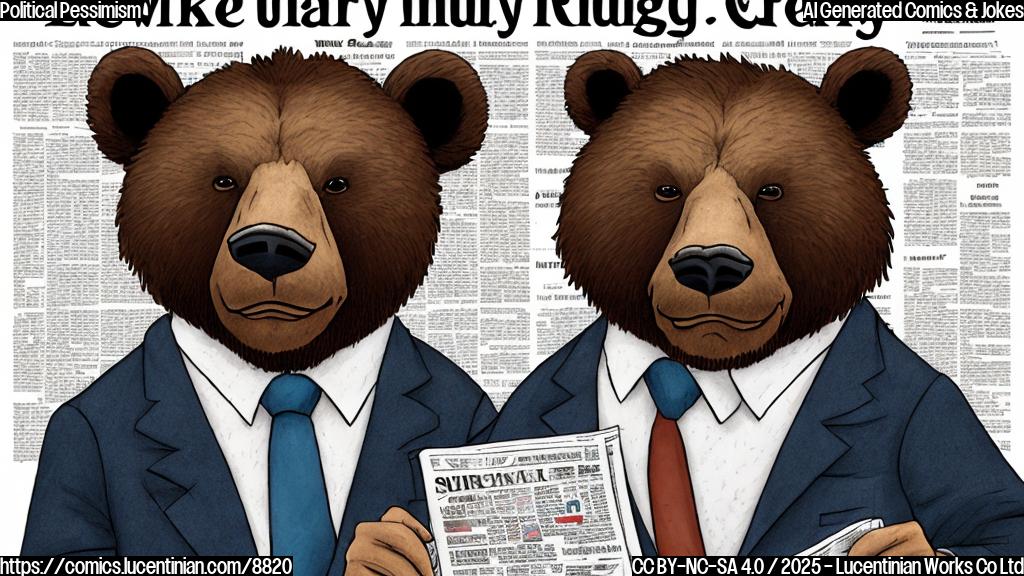 A cartoon style drawing of a brown bear wearing a suit and tie, looking grumpy and reading a newspaper with the headline "Market Rally Stalled". The background is a simplified stock market graph showing an upward trend. The color scheme is plain pastel colors.