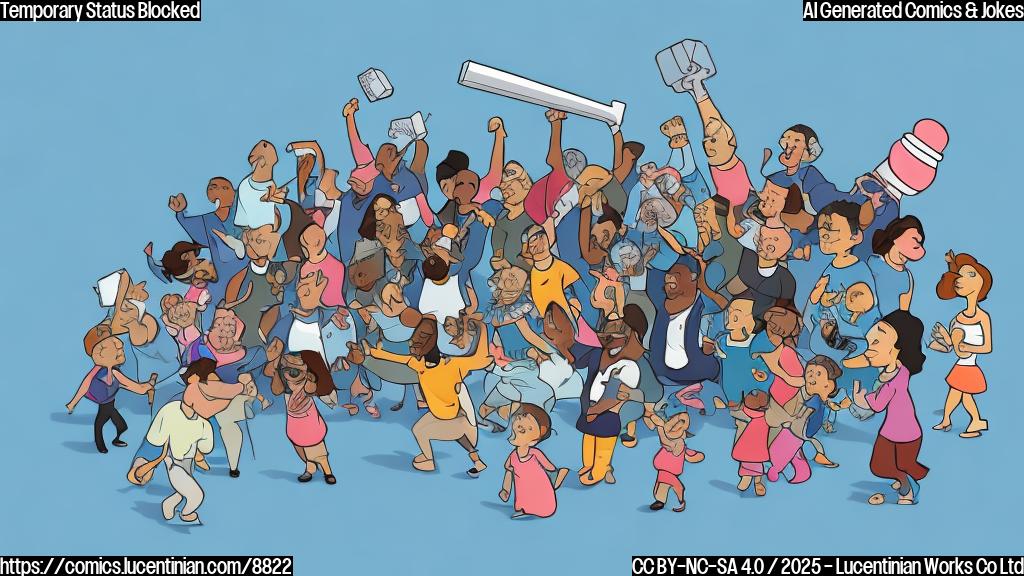 cartoon style, plain light blue background, a gavel hitting a sound block, with a group of small, diverse-looking cartoon people cheering in the background. The gavel and sound block are brightly colored.