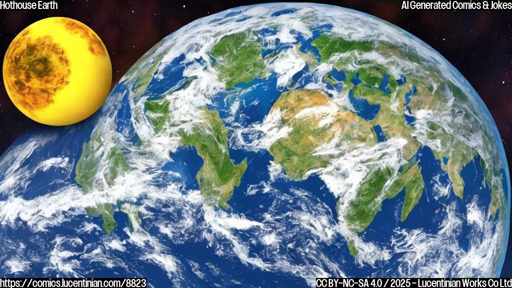 A cartoon planet Earth sweating profusely, with a worried expression.