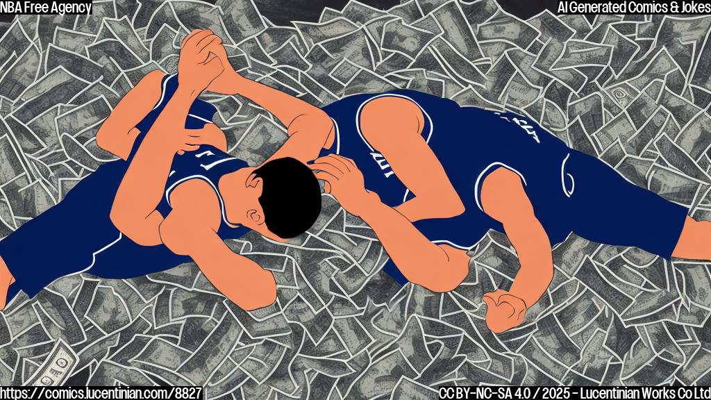 a basketball player sleeping on a pile of money, cartoon style, plain background