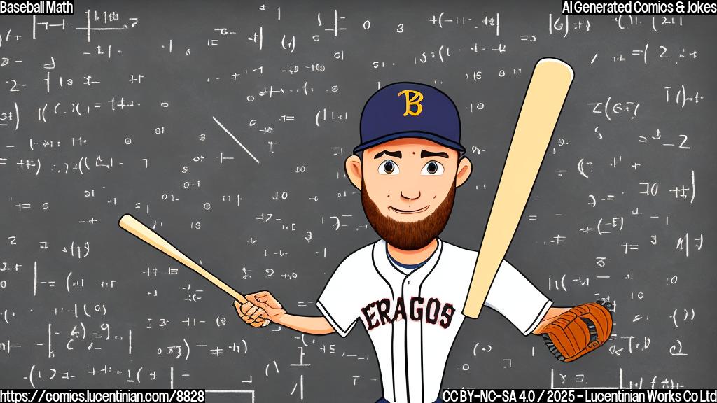 A cartoon drawing of a baseball player looking confused at a chalkboard covered in math equations, with a baseball bat propped against the board. The style is simple and colorful.