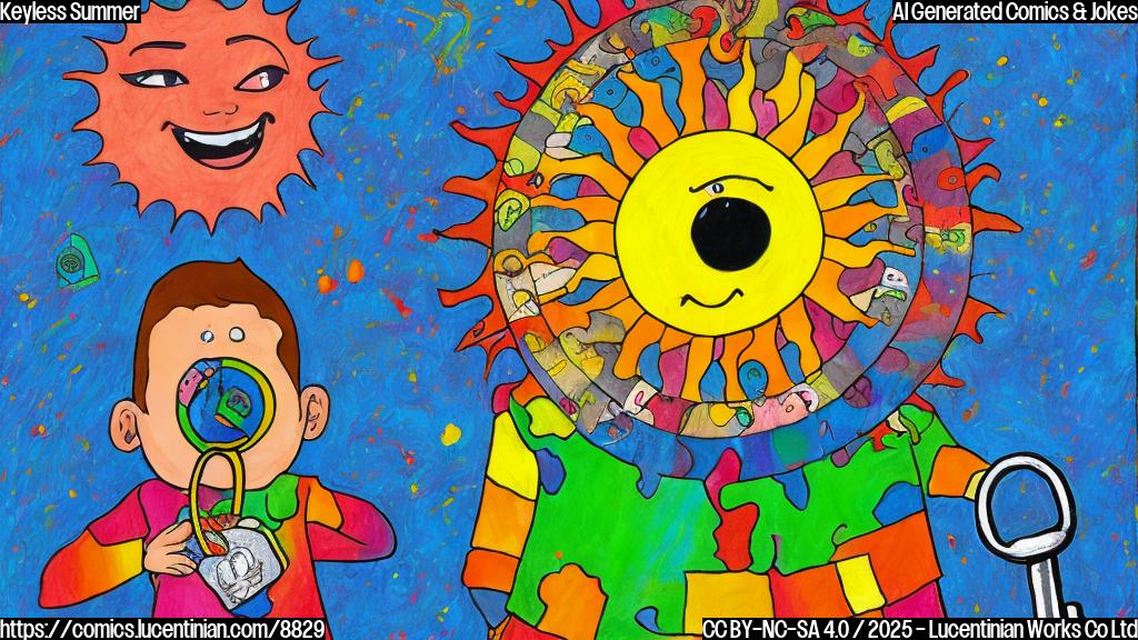 A colorful cartoon of a kid holding a lock with a keyhole, surrounded by broken crayons and a red X over a smiling sun.