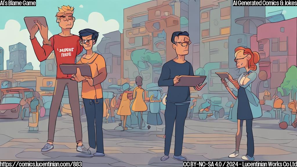 Illustrate two cartoon characters in a modern city setting with one character holding a tablet and wearing a stern expression, while the other character has a dramatic pose and looks upset. The background should show a blurred social media feed on the tablet.