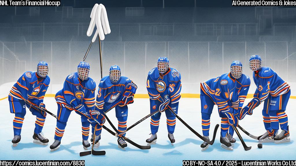 Cartoon image of a group of hockey players in full gear, looking dejected while holding sponges and buckets near a shiny car. The background shows a simplified hockey arena. The color palette is bright and cheerful despite the players' glum expressions.