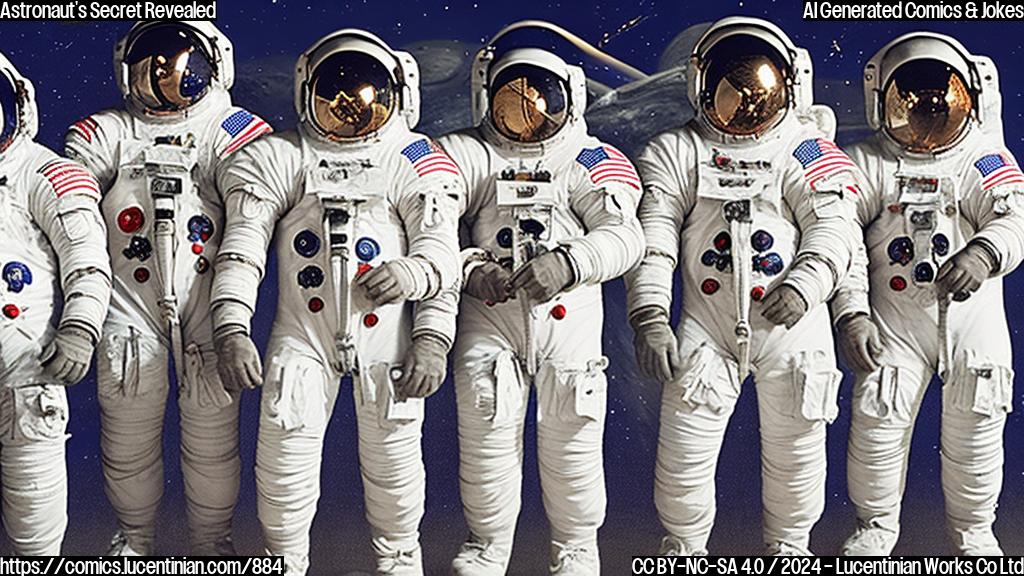A group of astronauts wearing white spacesuits with varying colored helmets, standing together with a few stars and planets visible behind them. One astronaut is slightly leaning away from the others, hinting at secrecy.