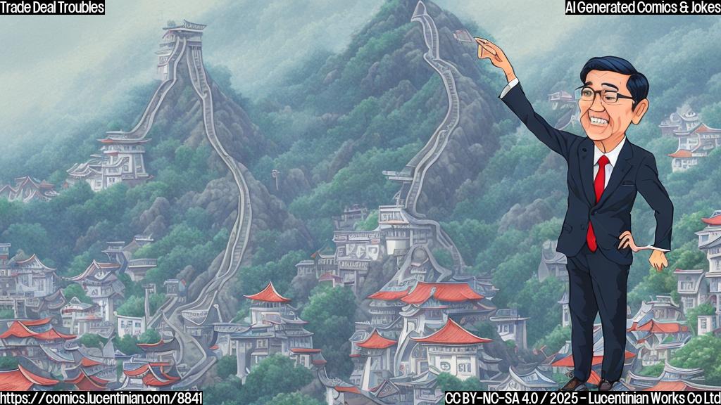 A cartoon style picture of a U.S. trade negotiator, depicted as a character in a business suit struggling to climb a very steep hill labeled "Trade Negotiations with Japan". The Japanese negotiator, in a similar suit, stands at the top, looking down with a slight smirk. The background is a plain light blue.