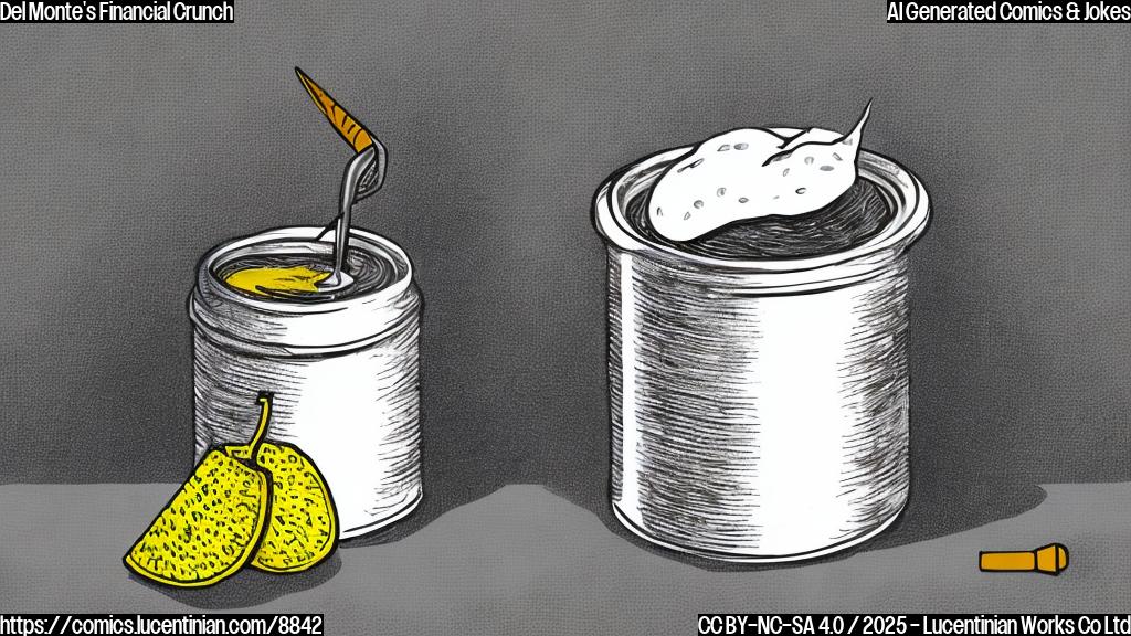 A cartoon illustration of a sad looking canned fruit cocktail with a tear rolling down its side, sitting in a courtroom with a gavel in the background. The color should be plain and simple.