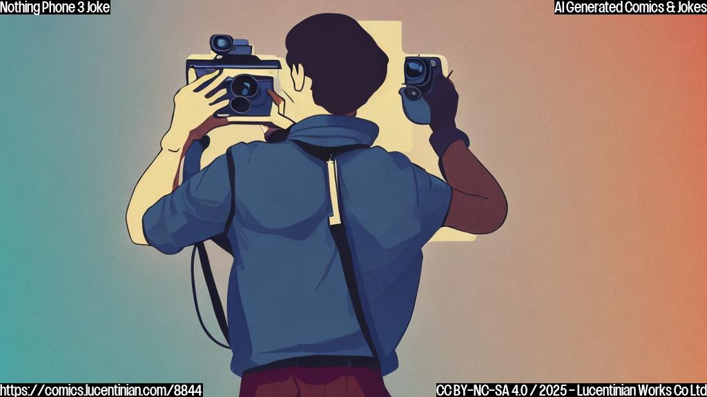 a plain color cartoon style picture of a frustrated photographer with a vintage camera around their neck, looking at a smartphone with four large camera lenses on the back. The background is a simple, light-colored gradient.