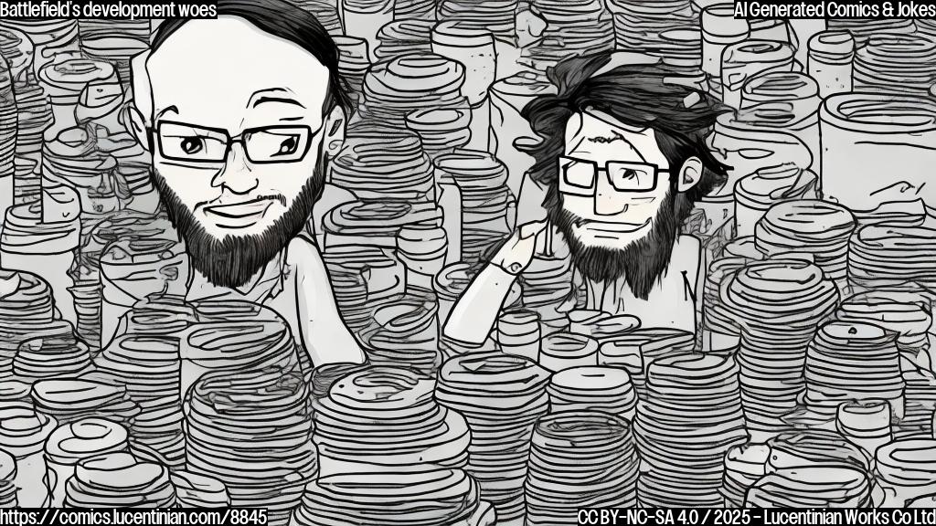 Draw a plain color cartoon of a stressed programmer with messy hair, surrounded by empty energy drink cans and a mountain of code on multiple monitors.