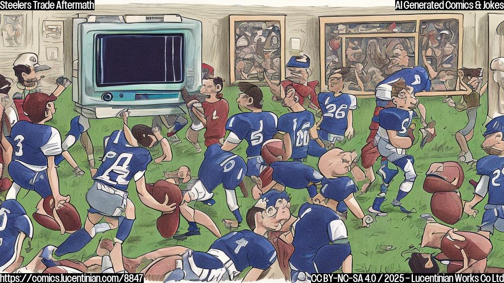 a plain color cartoon style picture of a football team watching an old television screen showing a trade of players. The team is scratching their heads in confusion.