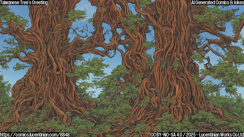 A plain color cartoon drawing of an old, gnarled red tree with friendly, welcoming branches in a forest setting. The tree has a kind, smiling face.