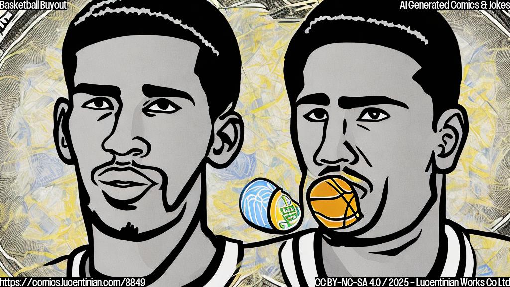 A plain color cartoon style picture of a basketball player with a determined look on his face, holding a large bag with a dollar sign on it. The background is a simple basketball court outline.