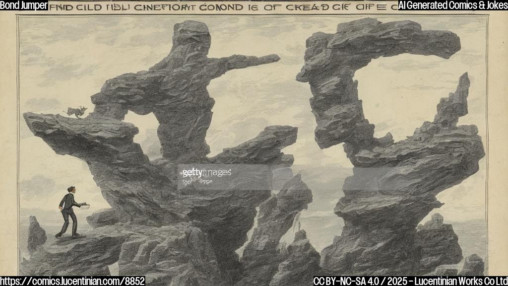 Cartoon image of a government bond with a face jumping off a cliff edge with worried expression. The cliff edge is labeled "UK Economy". The bond is wearing a tiny bowler hat and carrying a briefcase. The sky is a pale yellow.