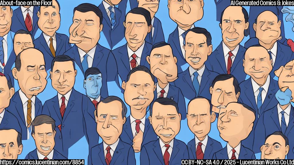 A group of cartoon lawmakers with exaggerated noses, wearing suits, suddenly shifting direction on a floor marked with directional arrows. One lawmaker has stitches all over his body. The background is a simplistic, plain blue.