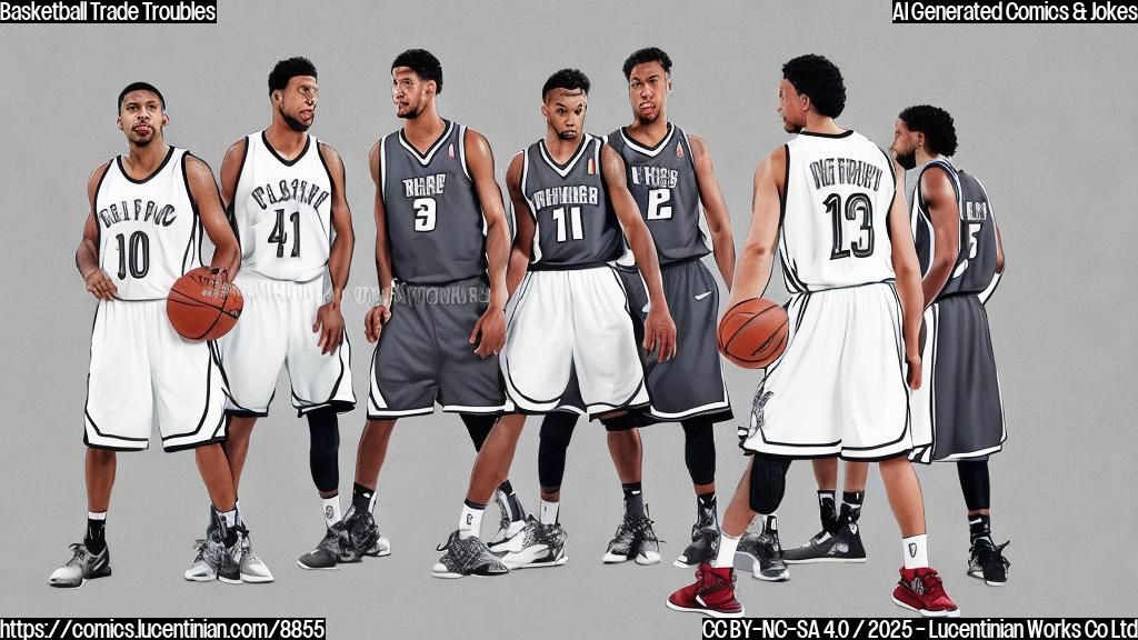 A cartoon style image of three generic basketball players wearing jerseys with different plain colors, looking confused and pointing fingers at each other on a basketball court. The background is a solid light gray.