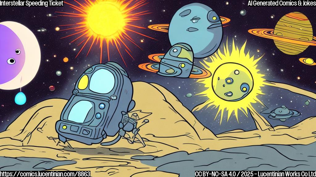 A plain color cartoon of a small, oddly shaped space rock with a surprised expression being pulled over by a police spaceship with flashing lights in front of a generic looking sun and planets. The space rock is sweating.
