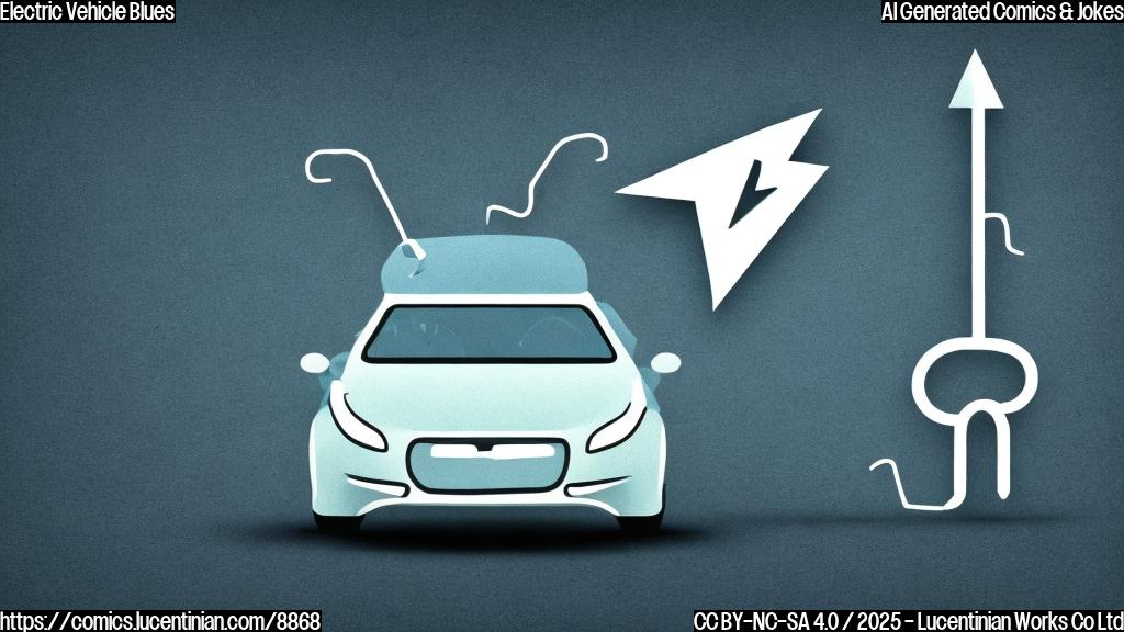 Plain color cartoon style picture depicting a sad electric car with a downturn arrow pointing at it. The car has big, round eyes looking downward and a deflated expression. The background is a simple gradient blue.