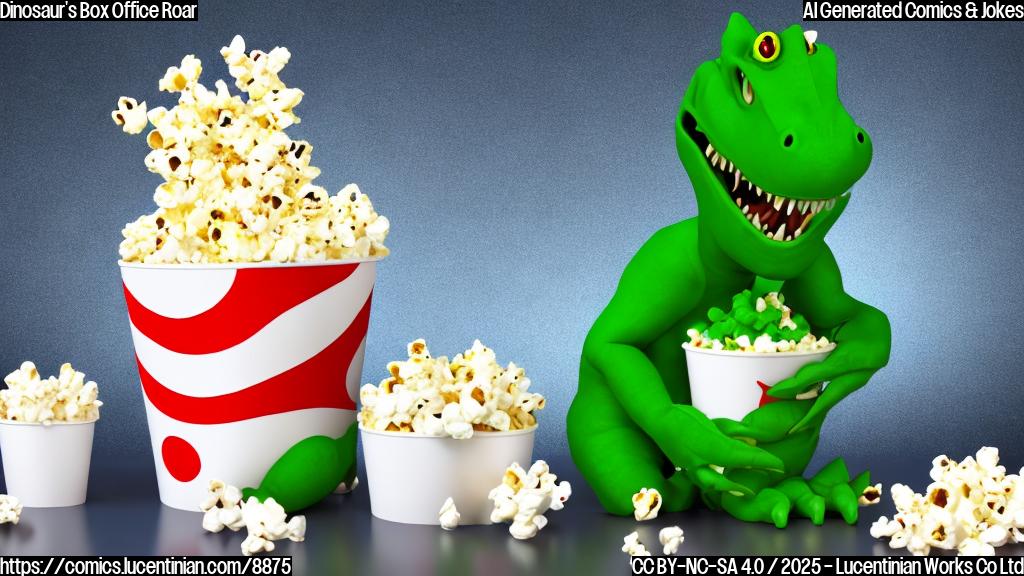 A cartoon image of a green dinosaur wearing 3D glasses and holding a bucket of popcorn, sitting in a movie theater seat, with a plain blue background.