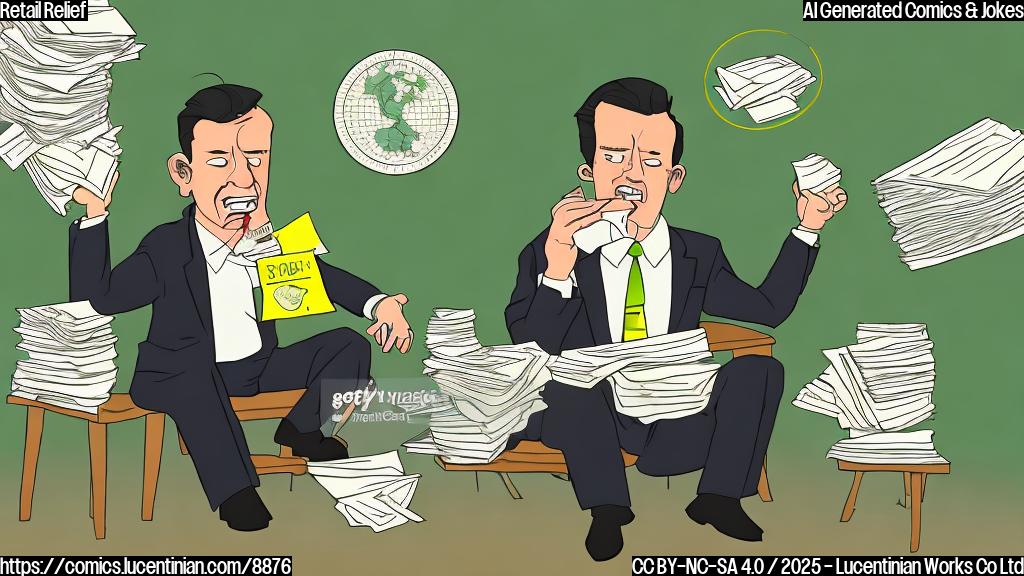 Cartoon image of a stressed-looking business executive with sweat dripping down their face, sitting at a desk piled high with papers. The background shows a map of Vietnam with a small tariff sign above it. The overall color scheme is a muted green and yellow.