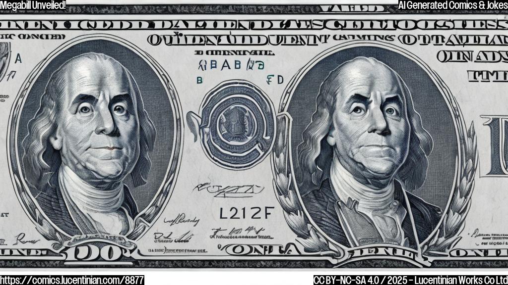 A cartoon drawing of a very large bill with dollar signs on it, flexing its muscles like a bodybuilder. A small, nervous-looking person stands next to it, shaking their head. The background is plain light blue.