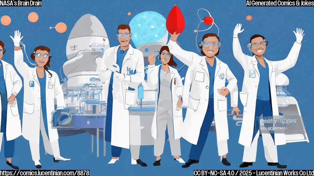 Cartoon image of a group of generic looking scientists in lab coats sadly waving goodbye to a generic rocket ship blasting off into space. The background is a plain blue color. The style is simple and cartoonish.