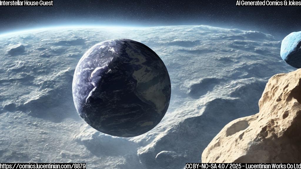 A cartoon of planet Earth looking nervously at a small, rocky asteroid with a suitcase floating nearby in space. Both the Earth and the asteroid have simple, expressive faces. The background is a plain blue color.