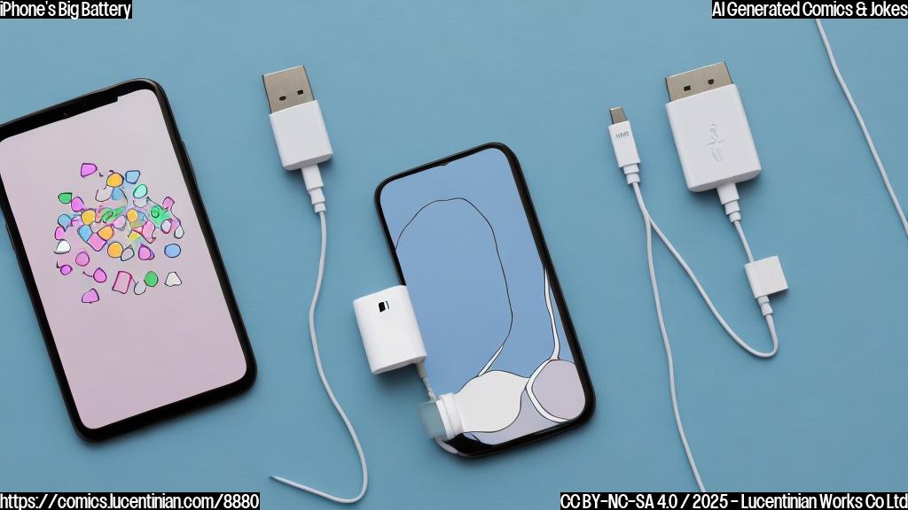 a plain cartoon style picture of a very large smartphone standing proudly with its chest puffed out, next to a small, dejected portable charger. The smartphone has a glowing screen and a confident expression, while the portable charger looks sad and is unplugged. The background is a simple, light blue.