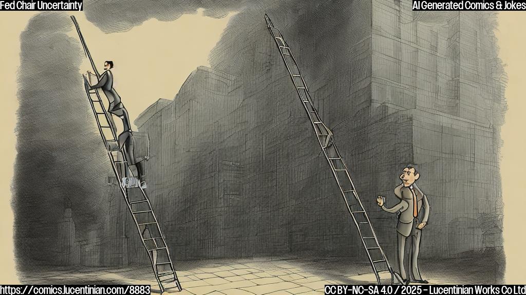 A plain color cartoon drawing of a generic looking economist in a suit carrying a ladder to a large building that resembles a generic government building. The sky above is cloudy and unclear.