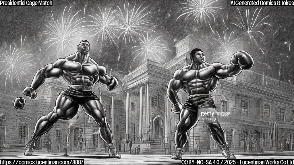 A cartoon image of a muscular man in fighting gear standing in front of a building that resembles the White House, but with boxing ring ropes instead of columns. The man has a determined look on his face, and in the background, fireworks are going off. The style is simple and colorful.