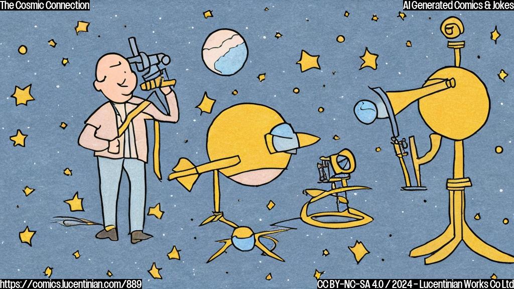 Draw a simple cartoon style picture of an astronomer looking at the stars with a telescope, surrounded by two small blue planets and a spaceship flying off into the distance.
