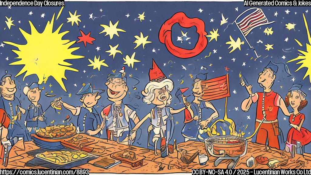 A plain color cartoon style illustration. A calendar page showing July 4th marked with a big red "X". Fireworks are visible in the background, and a barbecue grill is subtly placed in the corner.