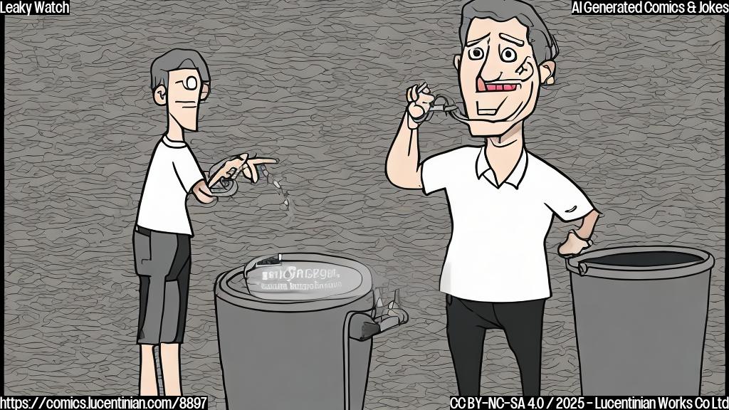 A plain color cartoon style picture of a nervous-looking grey smartwatch with a black screen, sweating and trembling slightly, standing in front of a large, overflowing bucket labeled "Leaks".