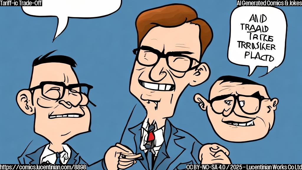 Cartoon style, plain color background, an sad economist with glasses and a broken heart next to an angry trade policy with a tariff label on its chest.