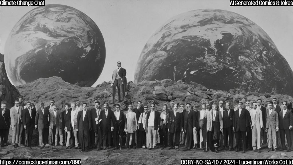 a group of people in formal attire standing on top of a large, curved structure with the Earth visible in the background, one of them holding a ladder