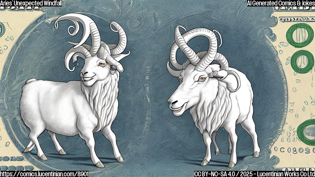 A cartoon drawing of a white ram with large curved horns, wearing sunglasses and holding a giant bag of money with a dollar sign on it. The background is a plain light blue.