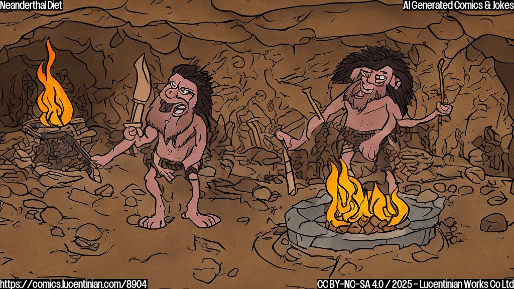 Cartoon drawing of a caveman wearing a leopard print tunic, stirring a big pot over a fire. The cave is dimly lit, with bones scattered around. The color palette is earthy tones with a touch of bright orange for the fire.