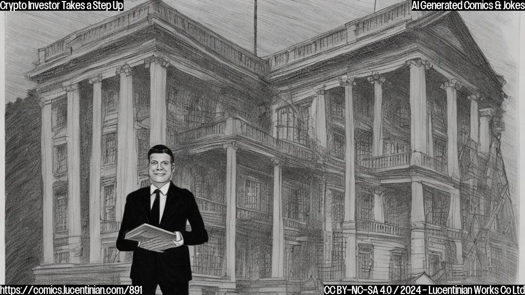 A cartoon of a person in a suit standing in front of a ladder, with a briefcase and a laptop in hand, looking up at the White House building. The person has a confident expression on their face, with a subtle hint of excitement and ambition.