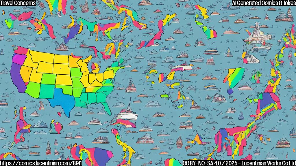 A cartoon of a person with rainbow-colored luggage looking sadly at a map of the United States, which appears gloomy and raining. The overall style is simple and plain color.