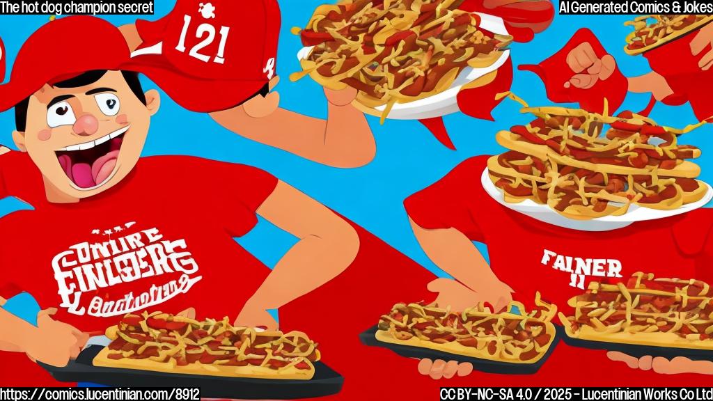 A cartoon image of a competitive eater, wearing a red t-shirt, using a ladder to reach a huge pile of hot dogs. The background is a bright, plain color.