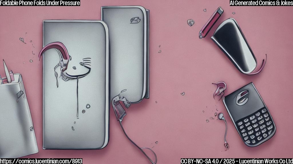 a plain color cartoon style picture, a sad, sleek, silver foldable phone crying, next to a confident, sassy, pink flip phone.