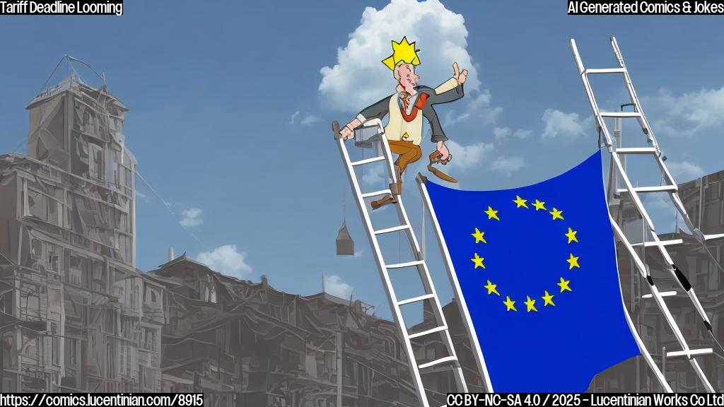 Cartoon image, plain background, depicting a ladder leaning against a very high building, with the EU flag hanging on the ladder. The building's roof is labeled "Tariffs."