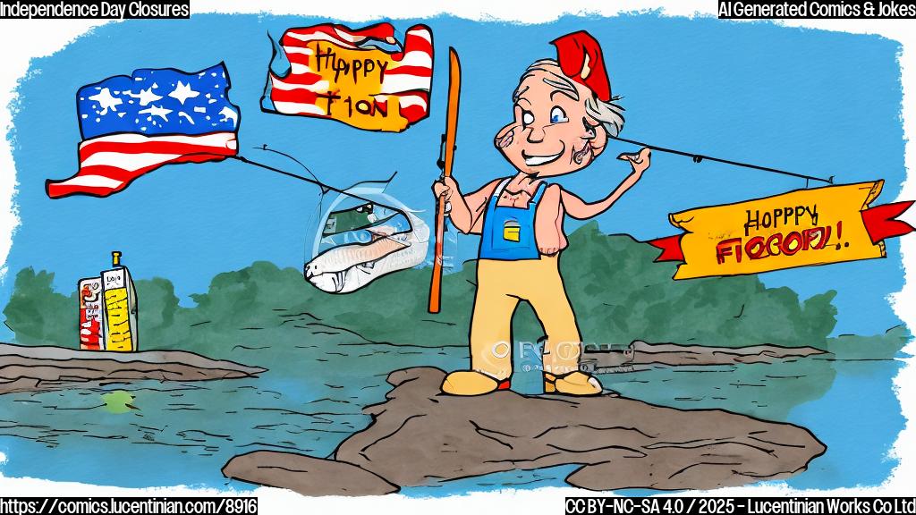 a simple cartoon of a closed grocery store with a sign that says "Happy 4th! Gone Fishin'" against a plain blue background.