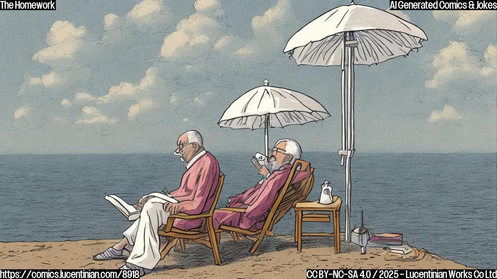 A plain color cartoon style picture. An old man wearing white robes and a tall white hat sitting on a beach chair under a colorful umbrella, looking stressed while reading a huge stack of papers.