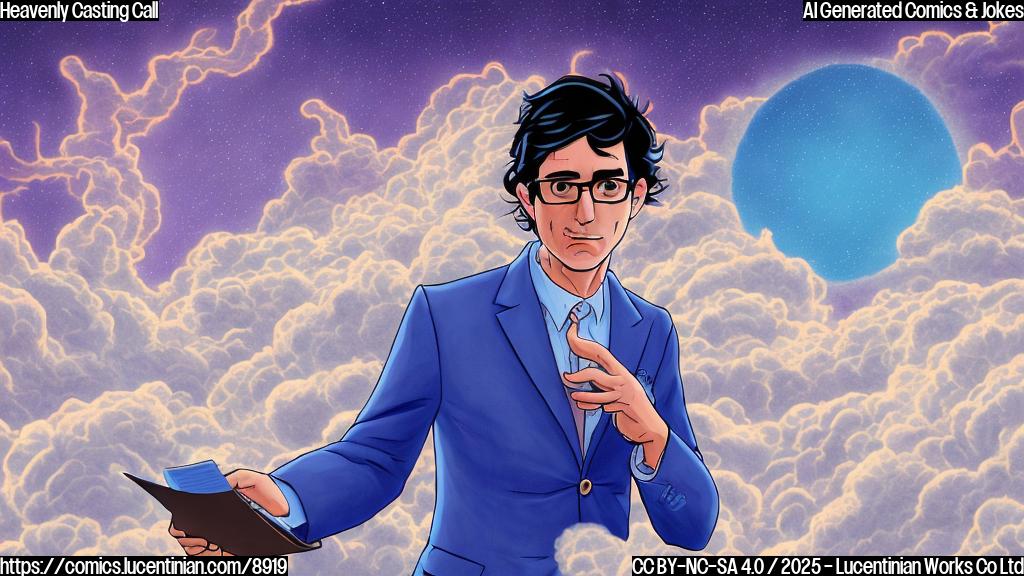 A cartoon-style drawing with a plain light blue background. The image features a stressed-looking cartoon casting director with messy black hair, wearing a purple blazer and glasses, frantically packing a suitcase filled with scripts and headshots. A celestial staircase made of clouds is visible in the background, leading upwards towards a bright, glowing light.